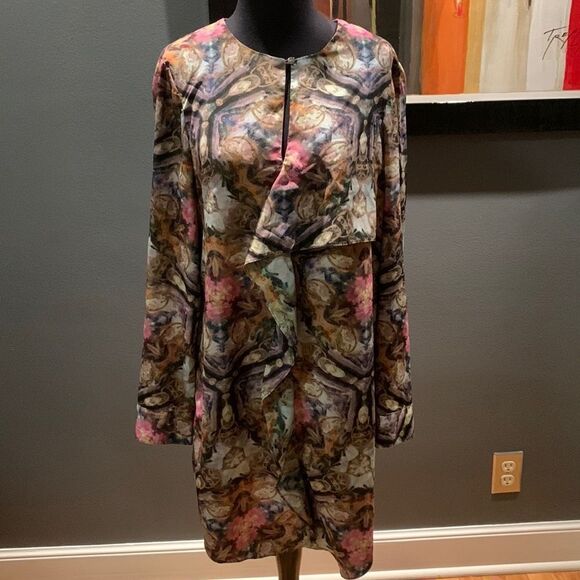 RACHEL Rachel Roy muted jeweltone print ruffle front cuffed sleeve midi, size 10 - Picture 1 of 12